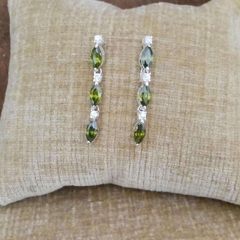Silver Tone Peridot Green Rhinestone Crystal Drop Post Earrings